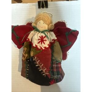 Vtg 7" Cloth Angel Doll Patchwork Felt Velvet Folkart Christmas Ornament
